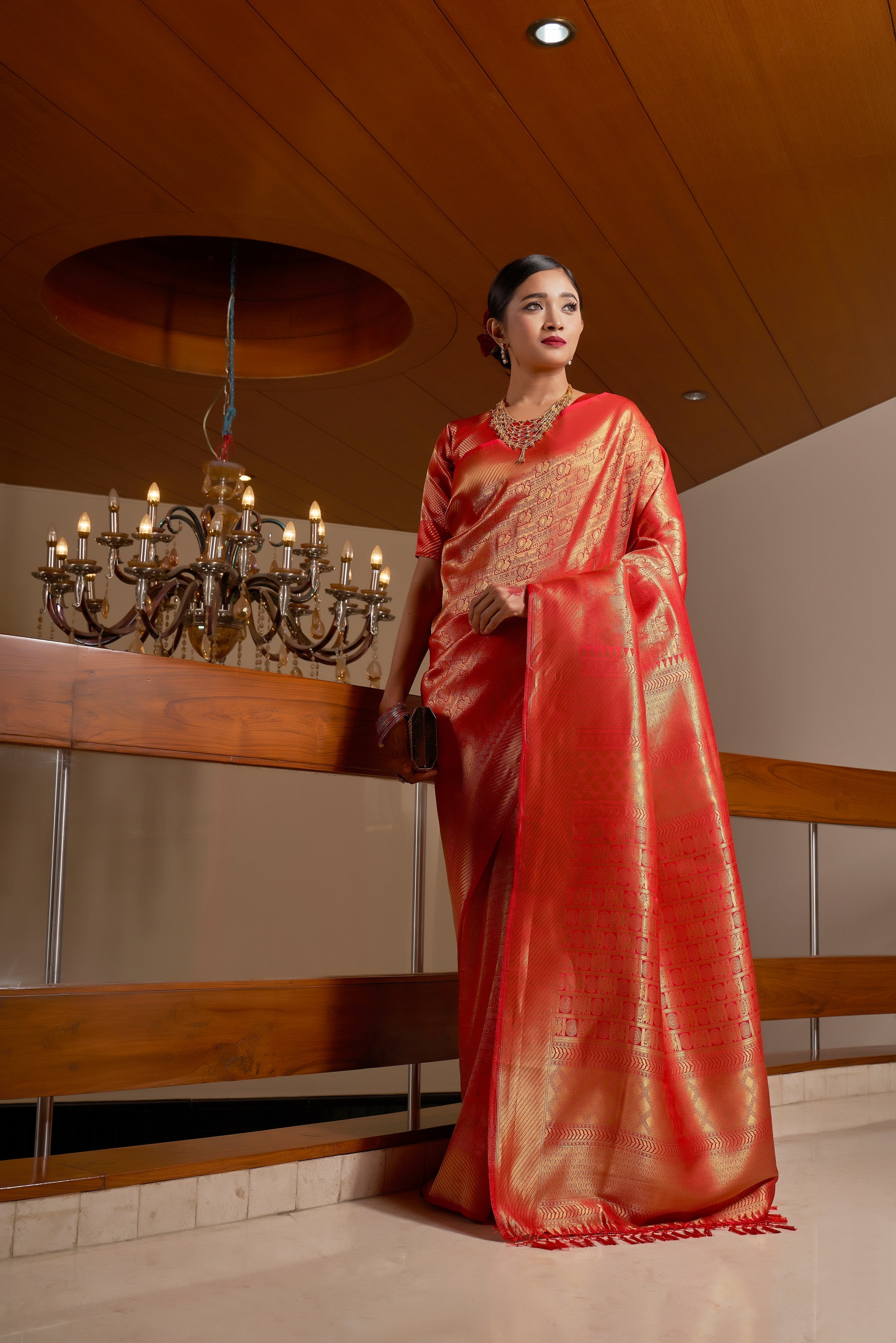 Vardha Red Rose Golden Zari Kanjeevaram Silk Saree | Grocsy