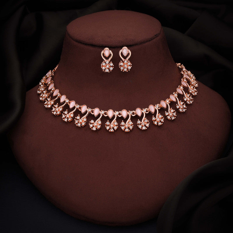 Tehzeeb Creations Rose Gold-Polished Baby Pink Choker Necklace With Dangle Earrings | Grocsy
