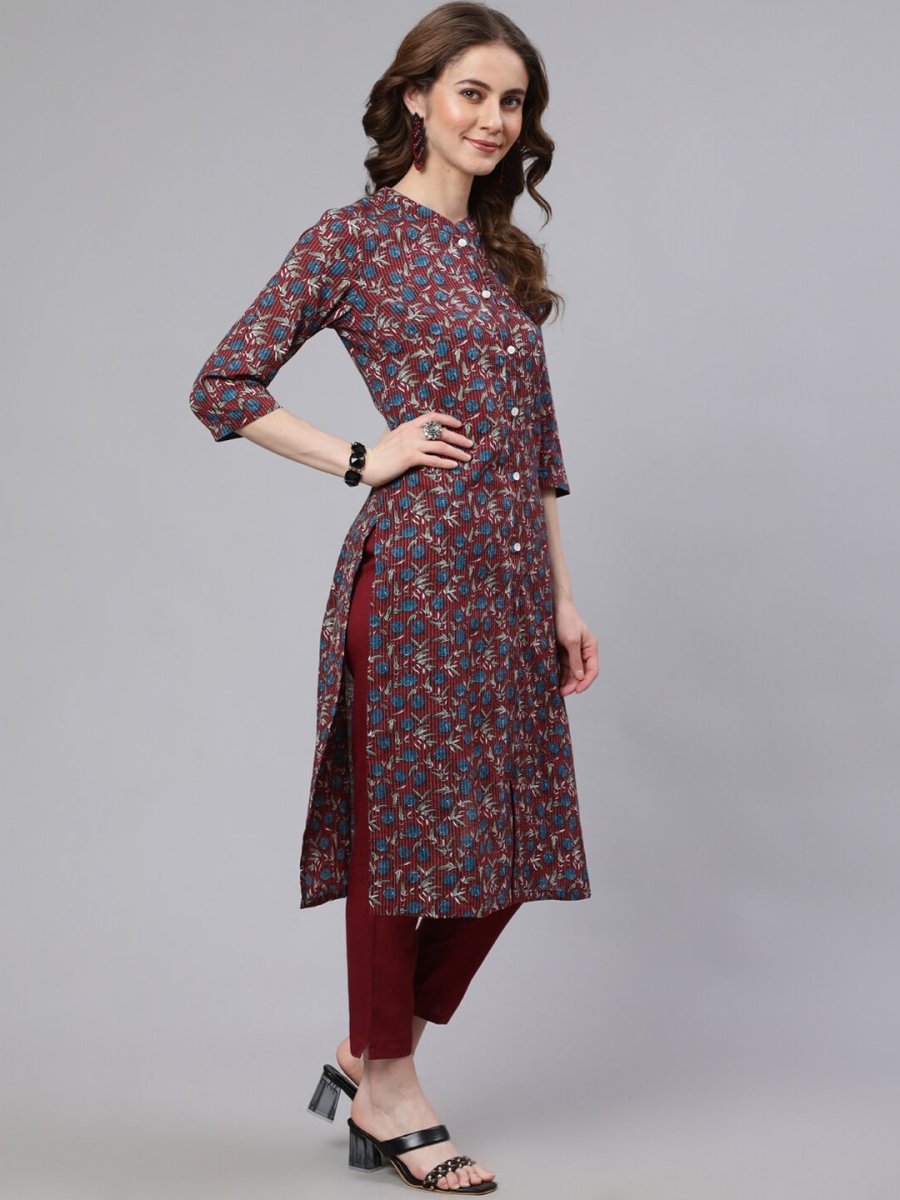 Aks Floral Printed Mandarin Collar Pure Cotton Kurta with Trousers | Grocsy