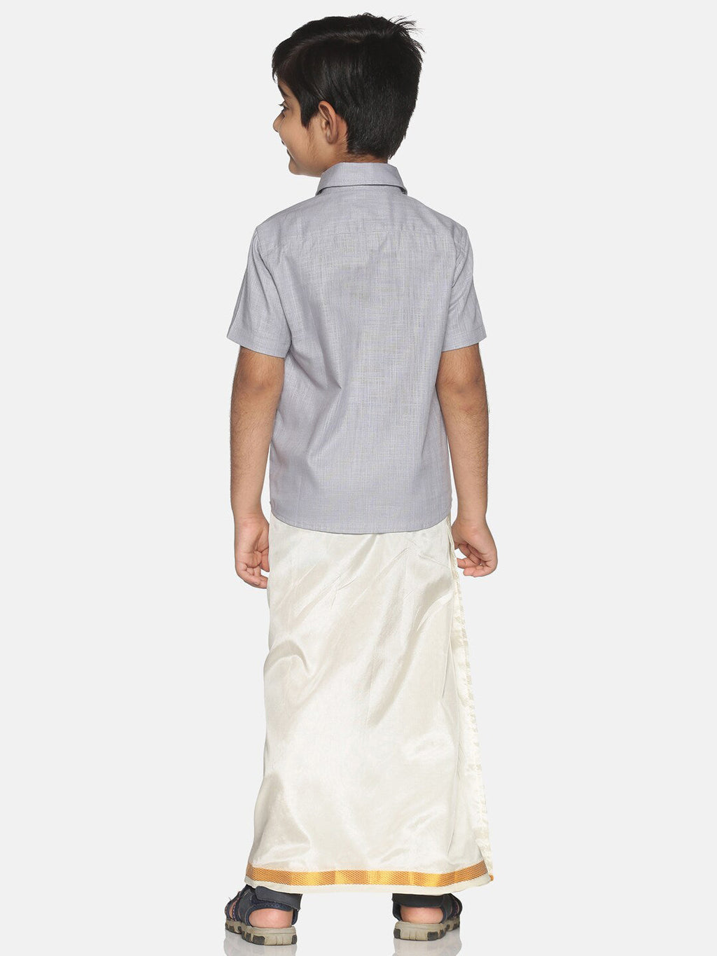 Sethukrishna Boys Grey & White Solid Shirt with Veshti Set | Grocsy