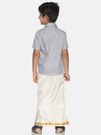 Sethukrishna Boys Grey & White Solid Shirt with Veshti Set | Grocsy