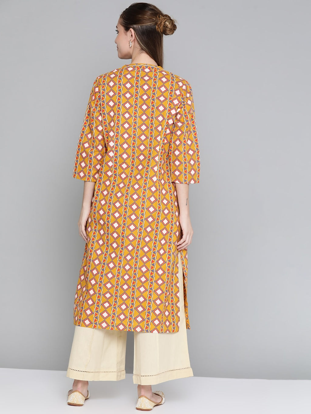 HERE&NOW Women Mustard Yellow & Cream Pure Cotton Geometric Printed Kurta | Grocsy