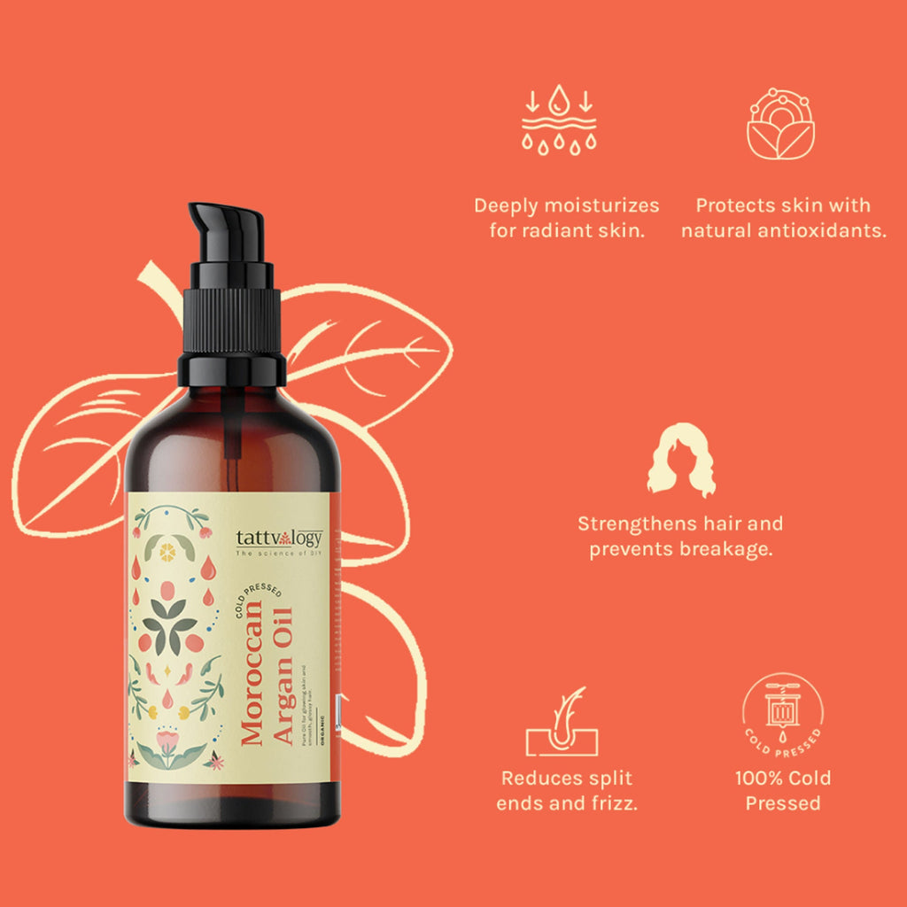 Tattvalogy Organic Moroccan Argan Oil - Vitamin-E Rich, Antioxidant, Tames Frizz for Smooth Hair | Grocsy