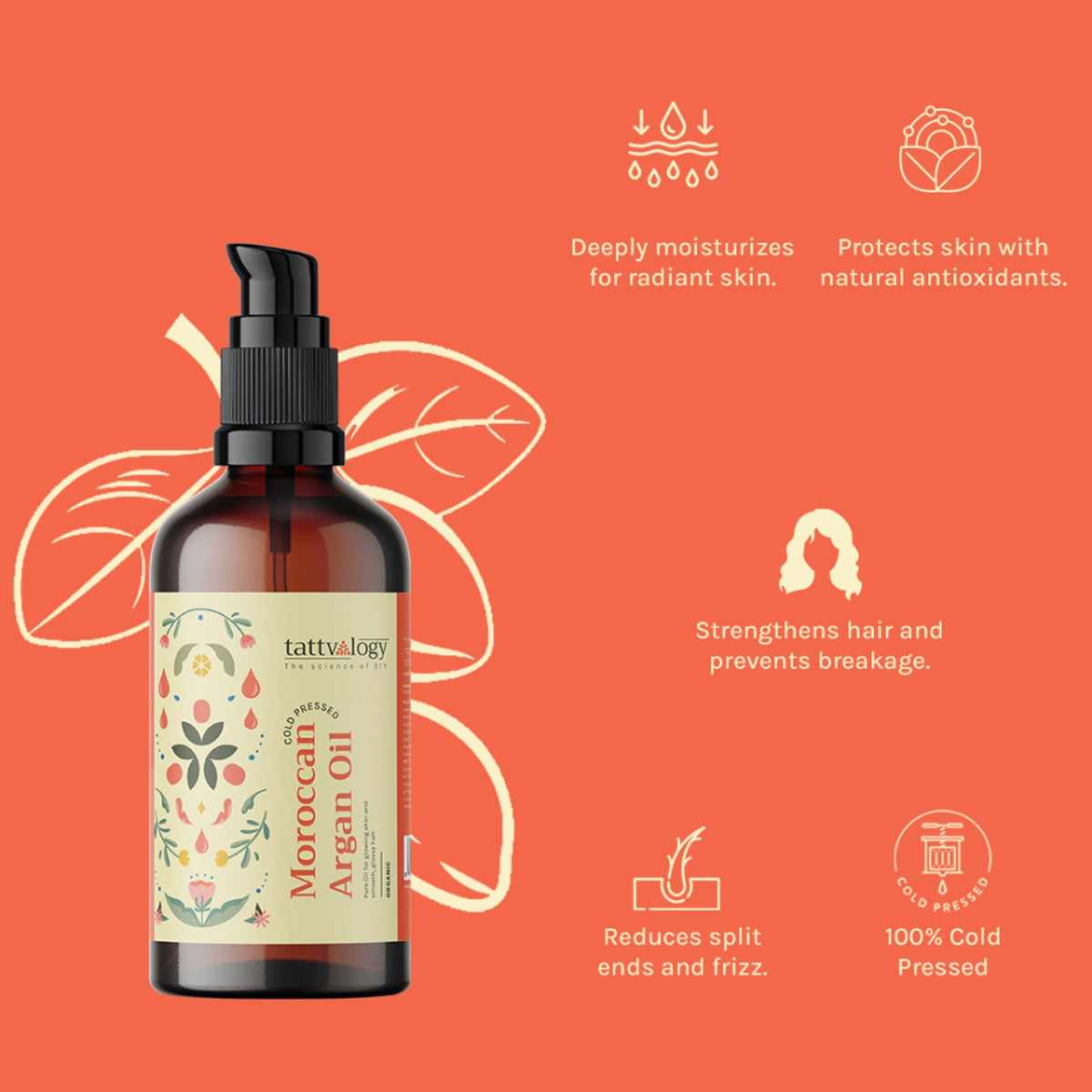 Tattvalogy Organic Moroccan Argan Oil - Vitamin-E Rich, Antioxidant, Tames Frizz for Smooth Hair | Grocsy