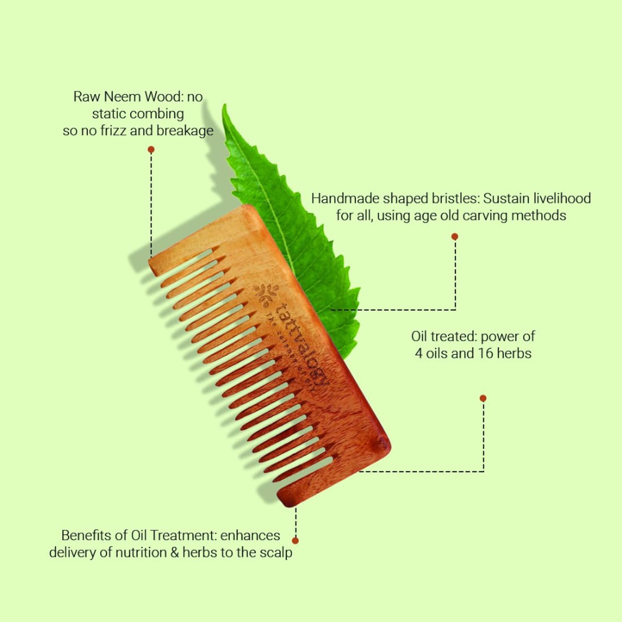Tattvalogy Raw Neem Comb-Wide toothed, Boosts Blood Circulation, Hair Growth & Reduces Scalp Issues | Grocsy