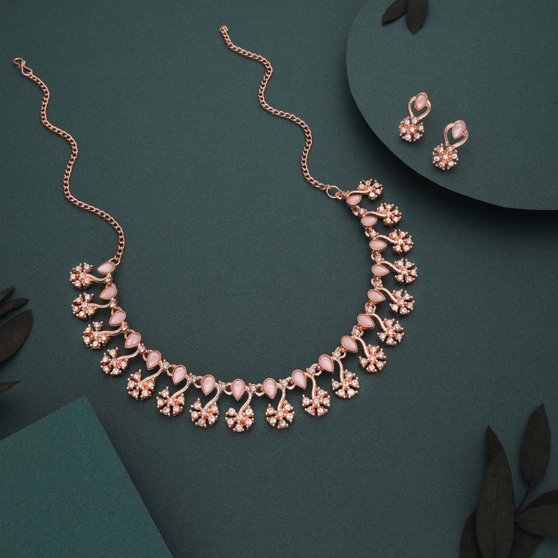 Tehzeeb Creations Rose Gold-Polished Baby Pink Choker Necklace With Dangle Earrings | Grocsy
