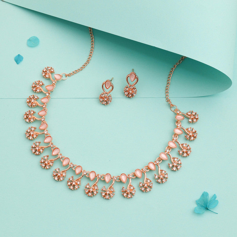 Tehzeeb Creations Rose Gold-Polished Baby Pink Choker Necklace With Dangle Earrings | Grocsy