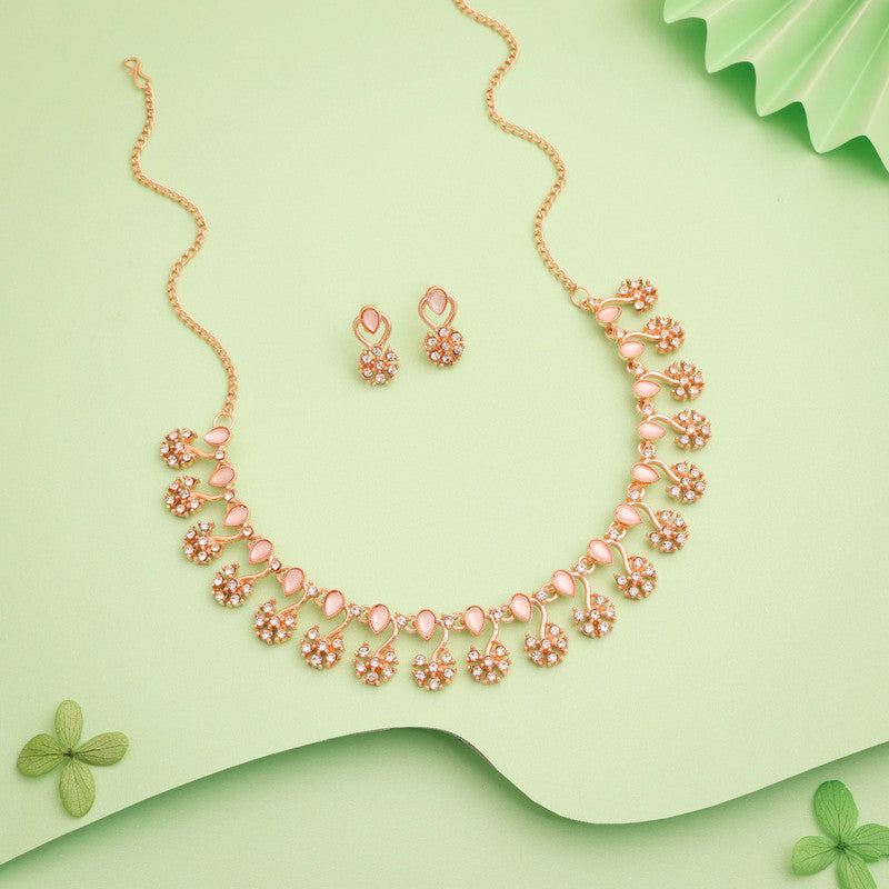 Tehzeeb Creations Rose Gold-Polished Baby Pink Choker Necklace With Dangle Earrings | Grocsy