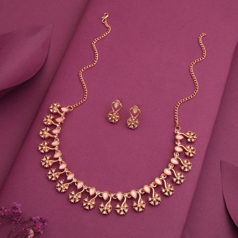 Tehzeeb Creations Rose Gold-Polished Baby Pink Choker Necklace With Dangle Earrings | Grocsy