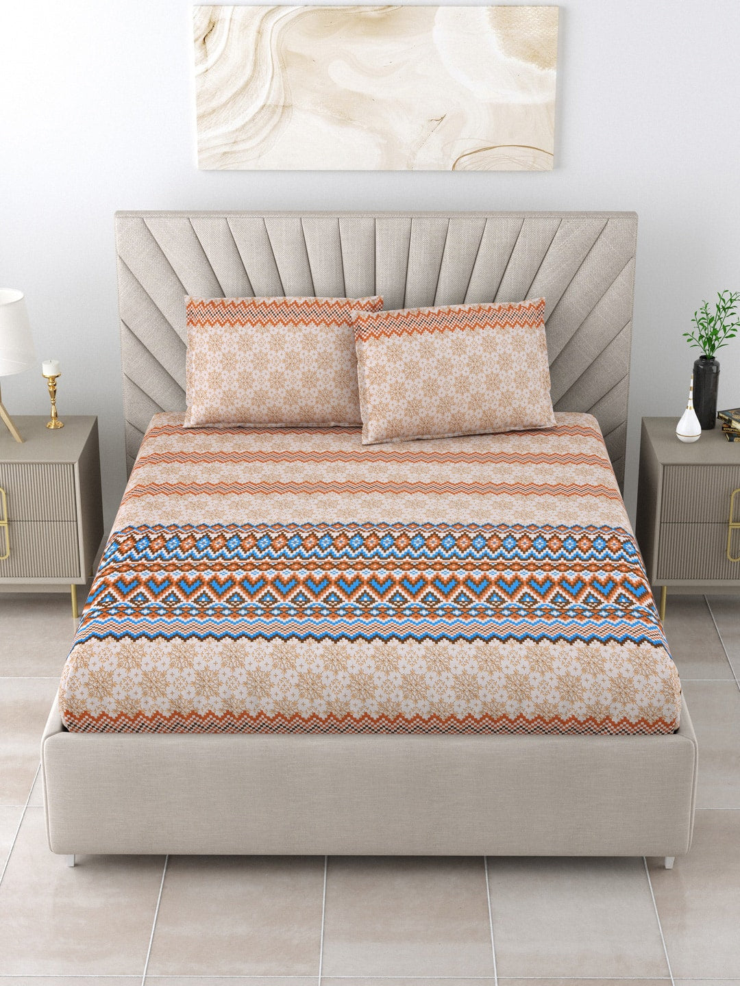 BOMBAY DYEING Brown & Blue Ethnic Motifs Cotton 250 TC King Bedsheet With 2 Pillow Covers | Grocsy