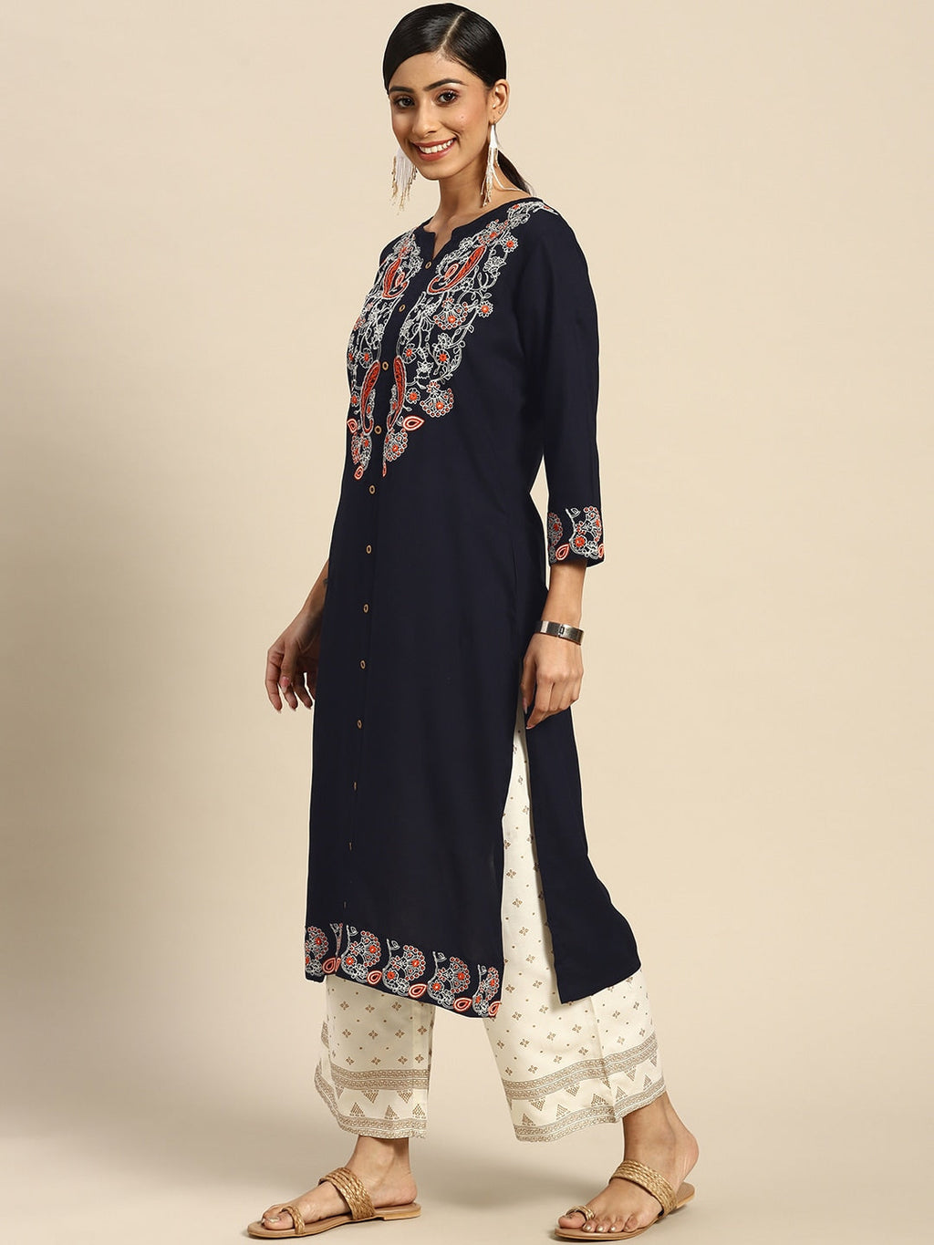 Sangria Women Navy Blue Ethnic Motifs Embroidered Kurta with Palazzos | Grocsy