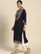 Sangria Women Navy Blue Ethnic Motifs Embroidered Kurta with Palazzos | Grocsy