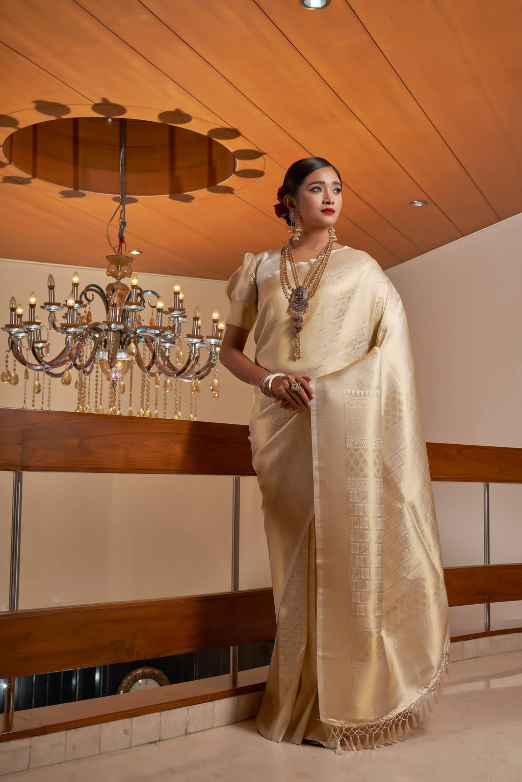 Vardha Ivory White Golden Zari Kanjeevaram Silk Saree | Grocsy