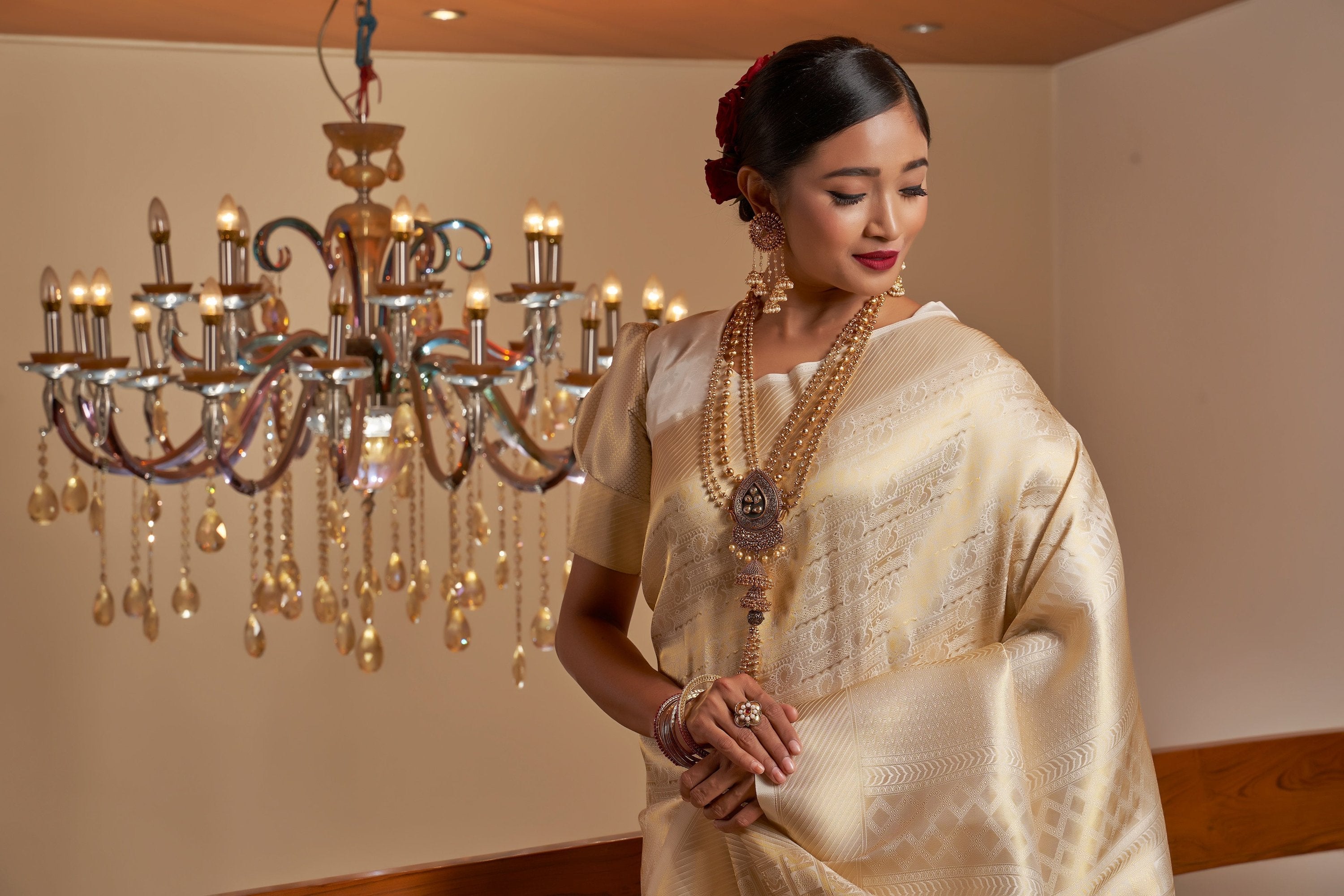 Vardha Ivory White Golden Zari Kanjeevaram Silk Saree | Grocsy
