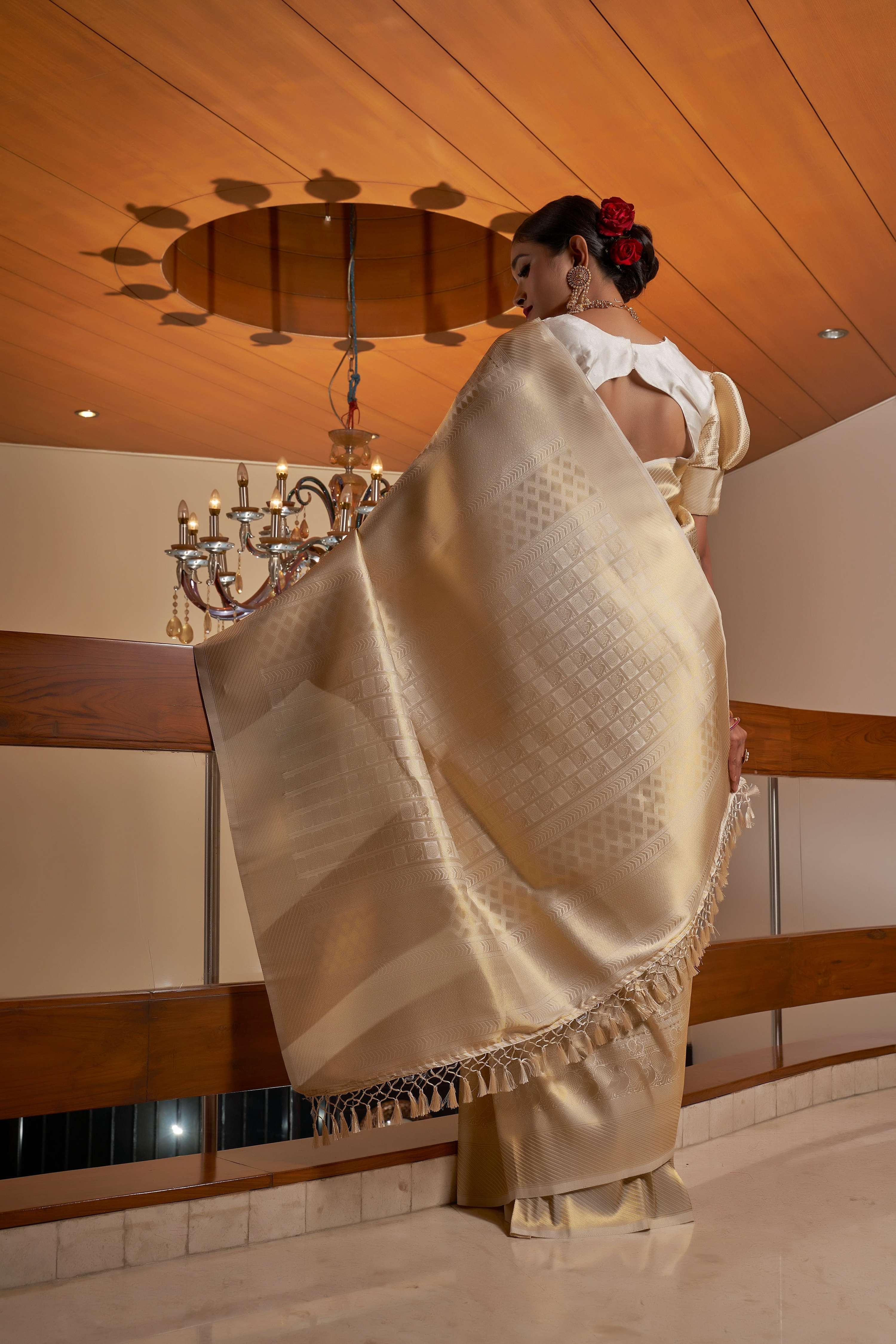 Vardha Ivory White Golden Zari Kanjeevaram Silk Saree | Grocsy