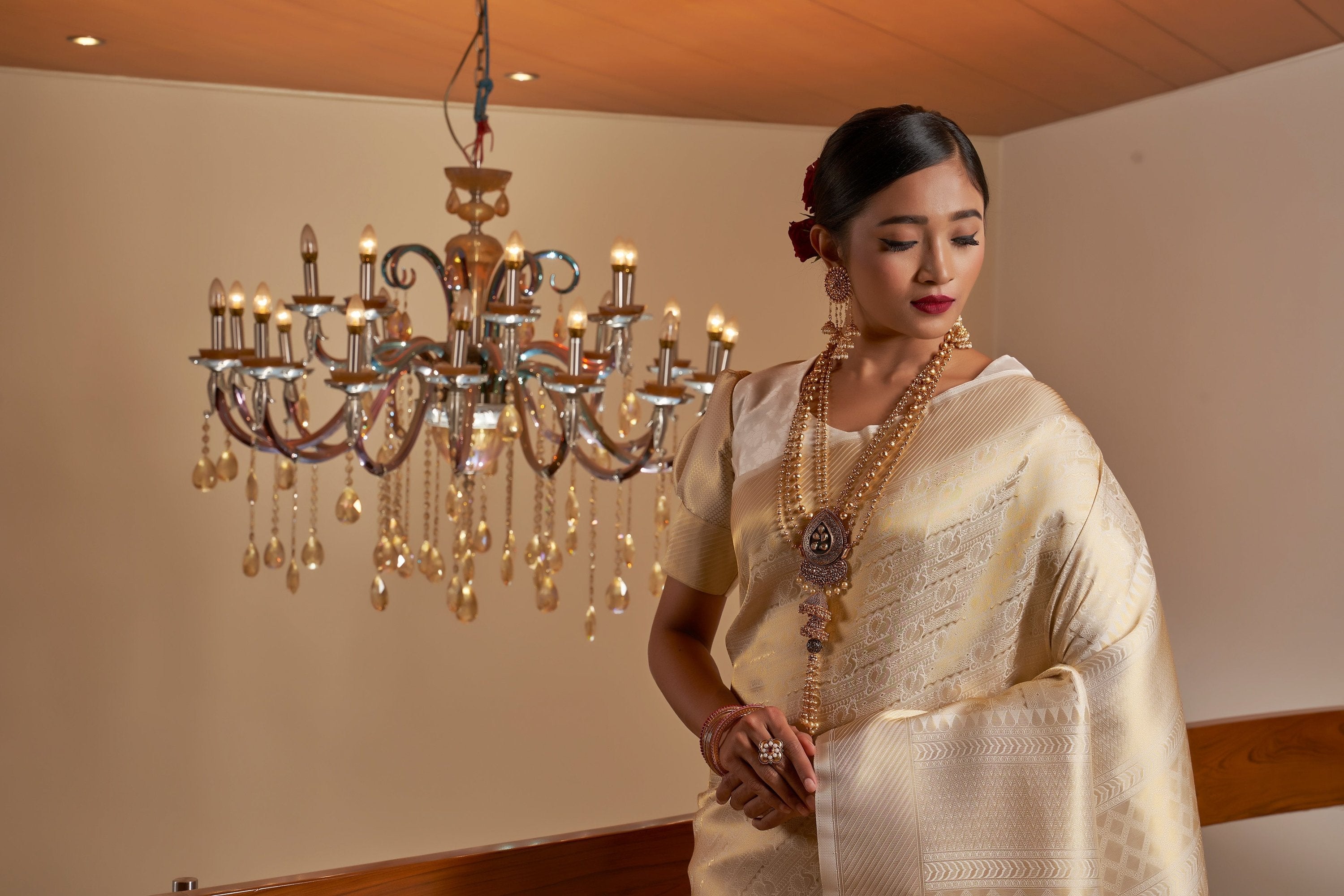 Vardha Ivory White Golden Zari Kanjeevaram Silk Saree | Grocsy