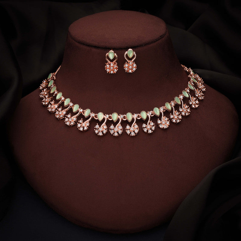 Tehzeeb Creations Rose Gold-Polished Sea Green Choker Necklace With Dangle Earrings | Grocsy