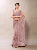 Sangria Pink Floral Net Embroidered Heavy Work Saree | Grocsy