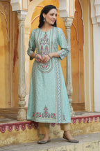 Juniper Women Sky Blue Rayon Printed A-Line Kurta | Grocsy