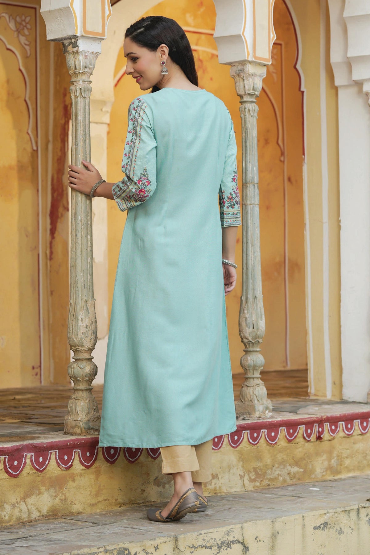 Juniper Women Sky Blue Rayon Printed A-Line Kurta | Grocsy