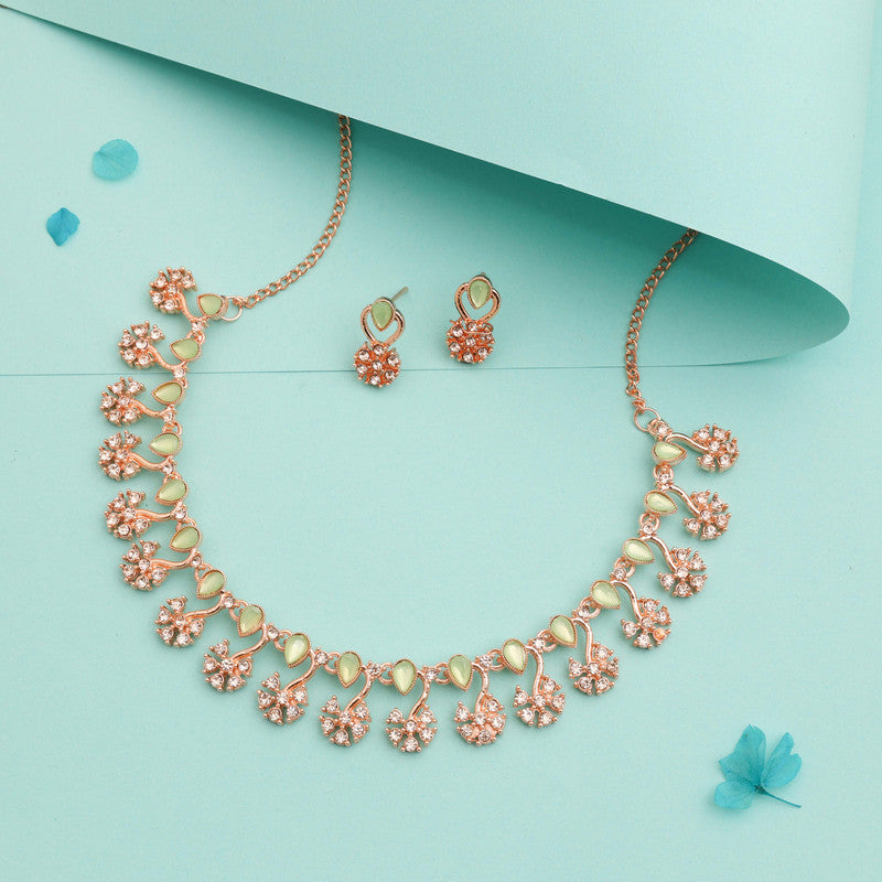 Tehzeeb Creations Rose Gold-Polished Sea Green Choker Necklace With Dangle Earrings | Grocsy
