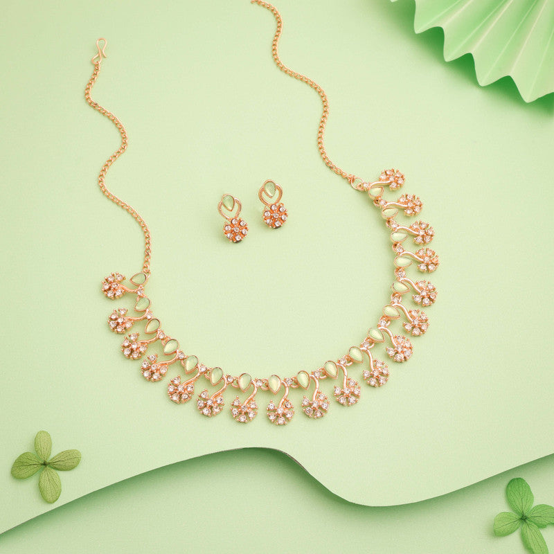 Tehzeeb Creations Rose Gold-Polished Sea Green Choker Necklace With Dangle Earrings | Grocsy