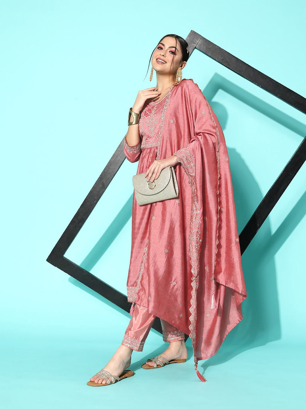 Sangria Floral Embroidered Regular Sequinned Kurta With Trousers & With Dupatta | Grocsy