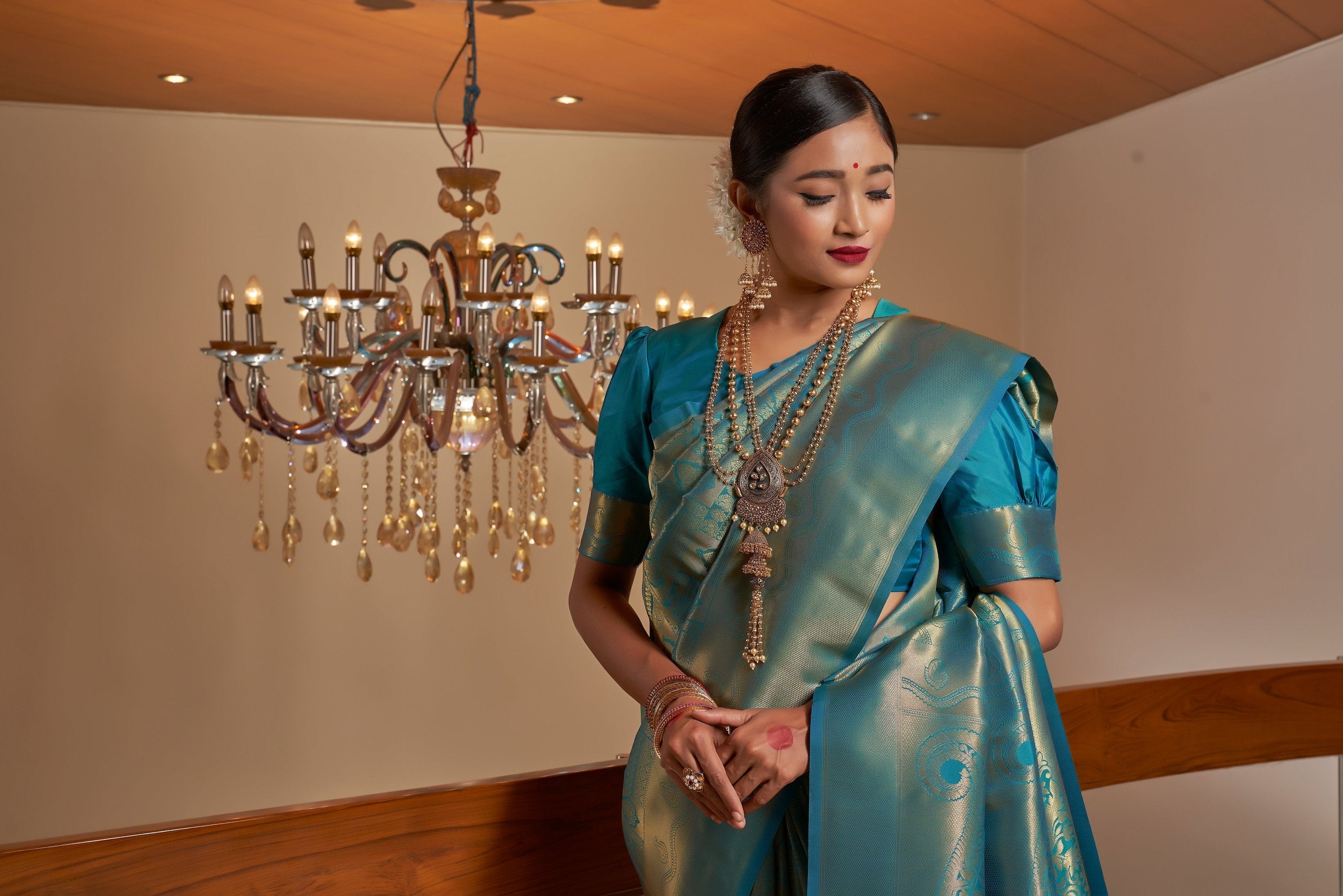 Vardha Cobalt Blue Golden Zari Buttis Kanjeevaram Silk Saree | Grocsy