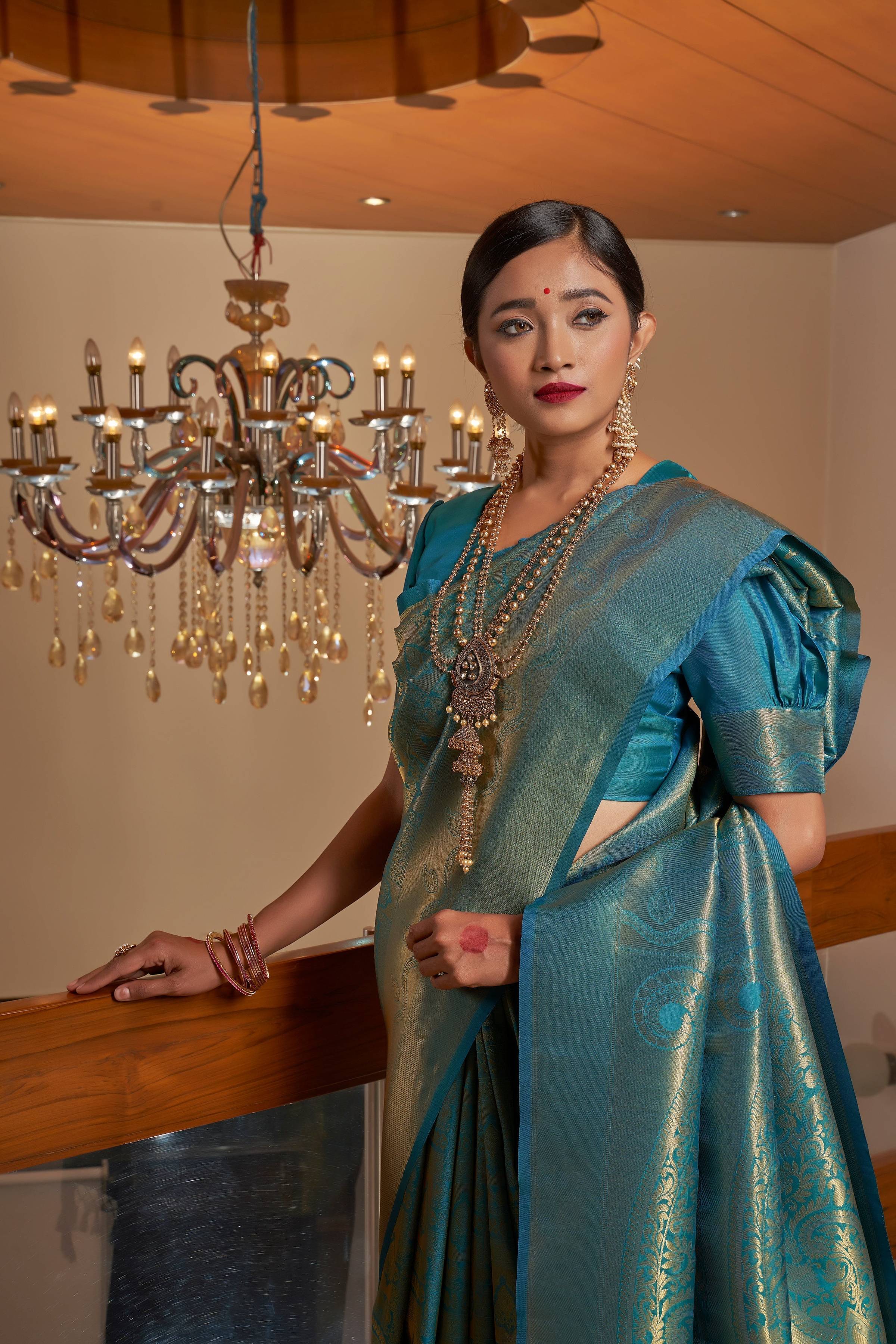 Vardha Cobalt Blue Golden Zari Buttis Kanjeevaram Silk Saree | Grocsy