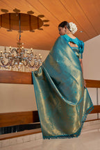 Vardha Cobalt Blue Golden Zari Buttis Kanjeevaram Silk Saree | Grocsy