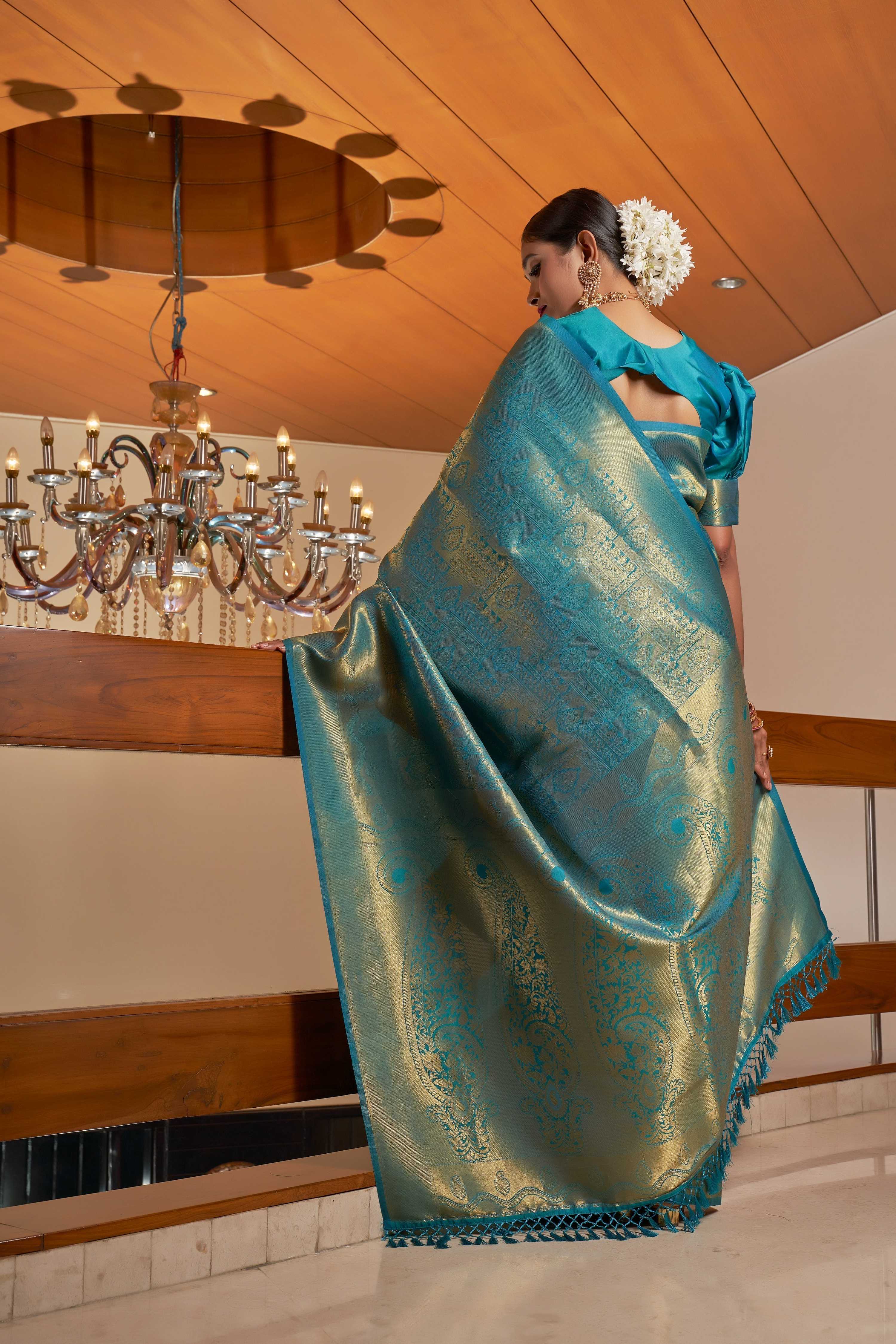 Vardha Cobalt Blue Golden Zari Buttis Kanjeevaram Silk Saree | Grocsy