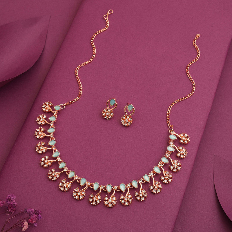 Tehzeeb Creations Rose Gold-Polished Sky Blue Choker Necklace With Dangle Earrings | Grocsy