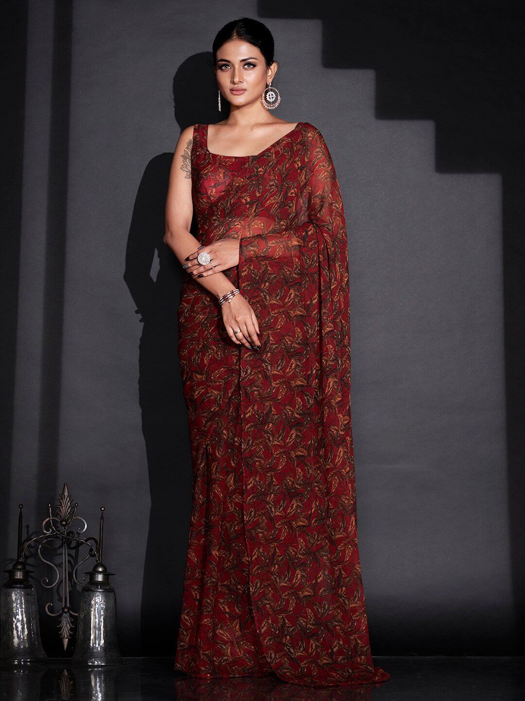 Tikhi Imli Red & Green Floral Printed Poly Georgette Ready To Wear Saree | Grocsy