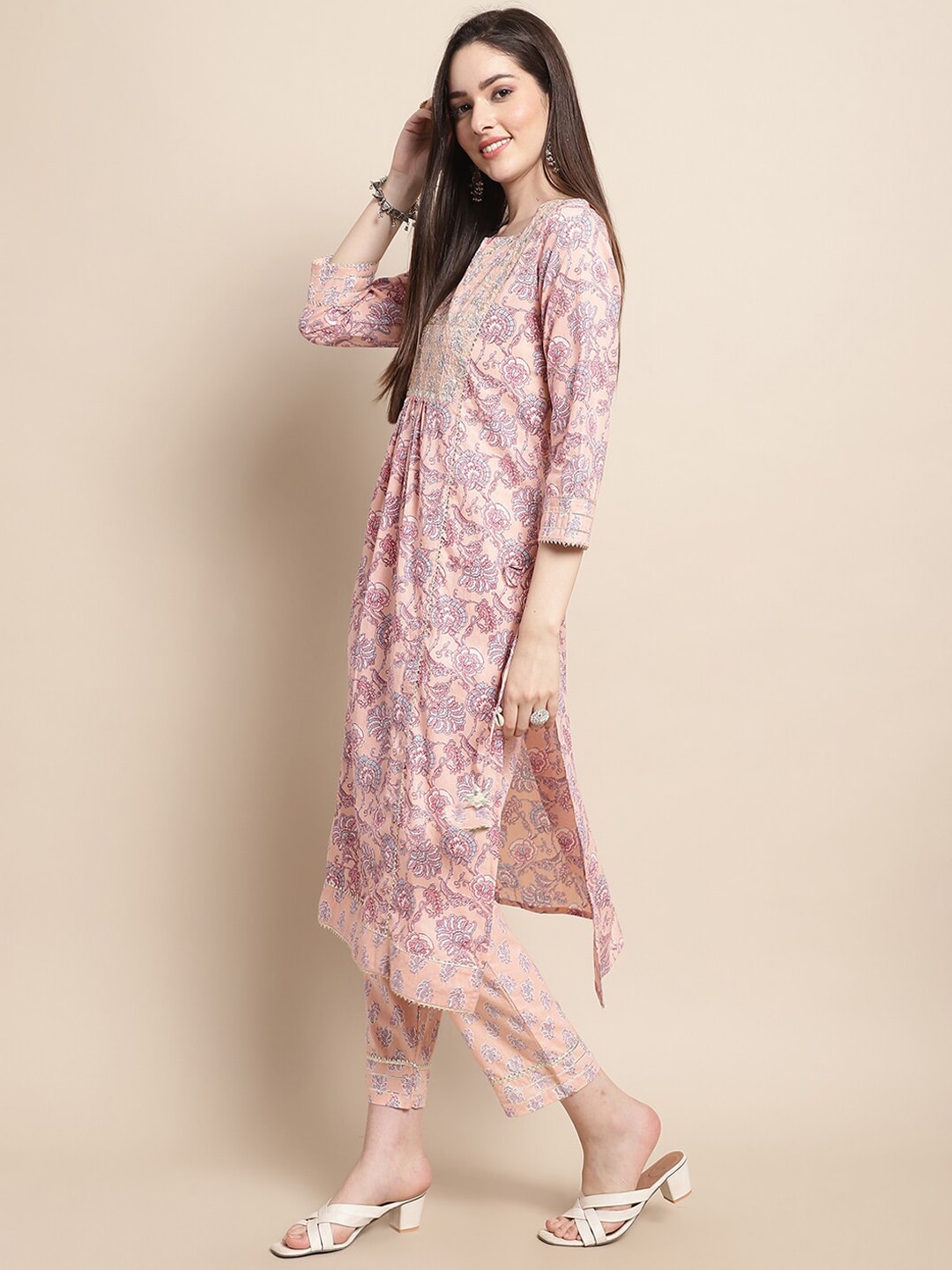 Sangria Printed & Embroidered Pure Cotton A-Line Kurta With Trouser & Dupatta | Grocsy