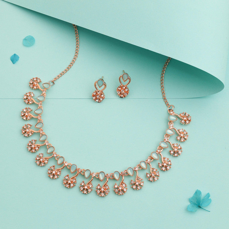 Tehzeeb Creations Rose Gold-Polished Sky Blue Choker Necklace With Dangle Earrings | Grocsy