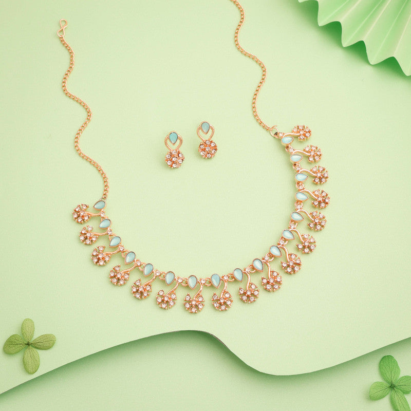 Tehzeeb Creations Rose Gold-Polished Sky Blue Choker Necklace With Dangle Earrings | Grocsy
