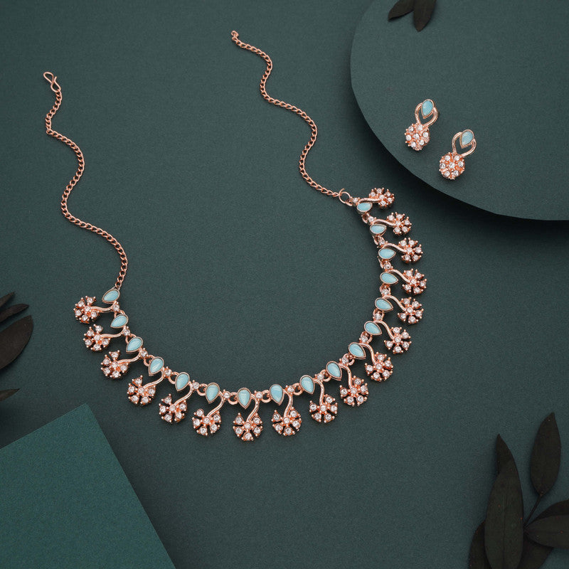 Tehzeeb Creations Rose Gold-Polished Sky Blue Choker Necklace With Dangle Earrings | Grocsy