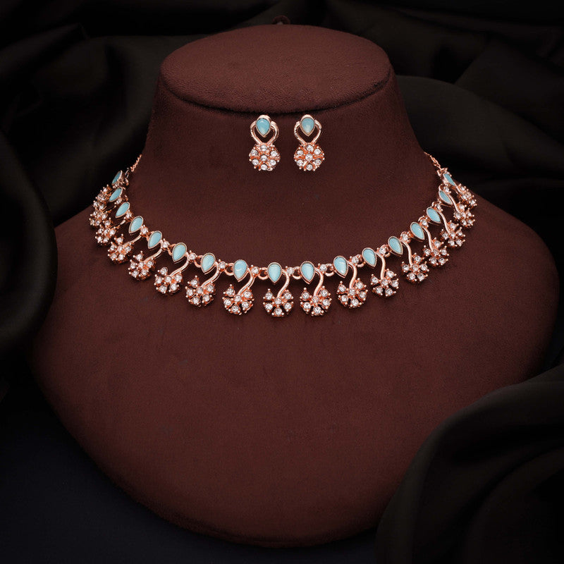 Tehzeeb Creations Rose Gold-Polished Sky Blue Choker Necklace With Dangle Earrings | Grocsy