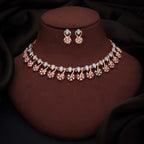 Tehzeeb Creations Rose Gold-Polished Sky Blue Choker Necklace With Dangle Earrings | Grocsy
