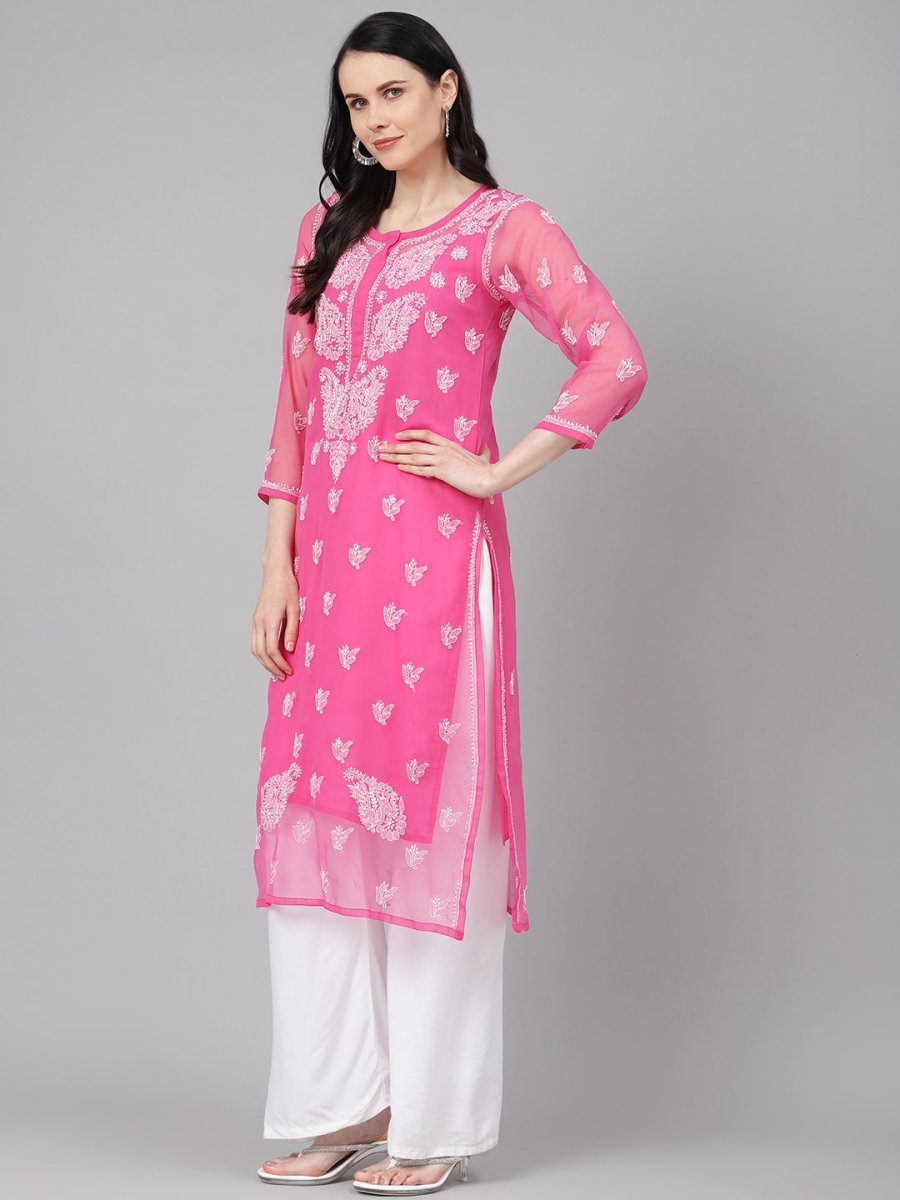 ADA Women Pink & White Sheer Chikankari Embroidered Straight Handloom Kurta with Inner | Grocsy