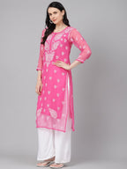 ADA Women Pink & White Sheer Chikankari Embroidered Straight Handloom Kurta with Inner | Grocsy