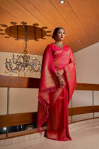 Vardha Scarlet Pink Golden Zari Kanjeevaram Silk Saree | Grocsy