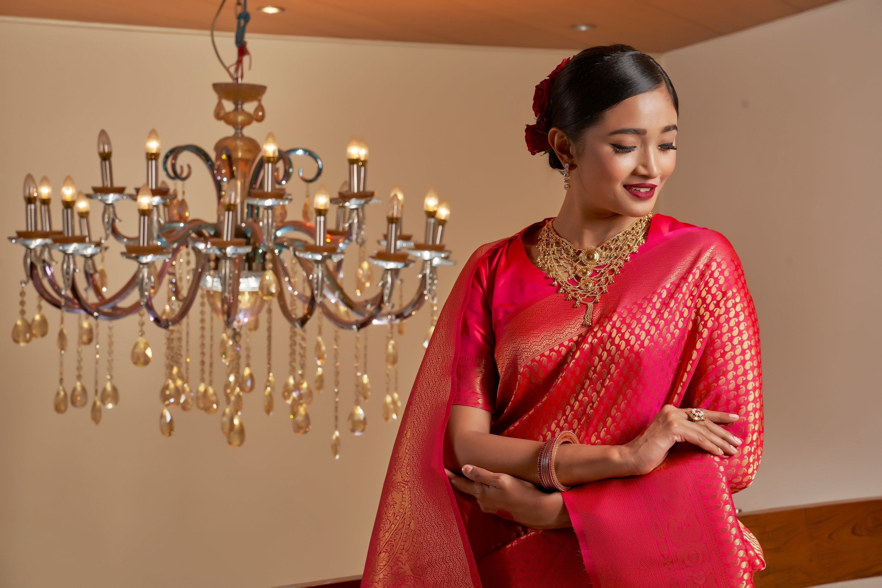 Vardha Scarlet Pink Golden Zari Kanjeevaram Silk Saree | Grocsy