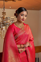 Vardha Scarlet Pink Golden Zari Kanjeevaram Silk Saree | Grocsy