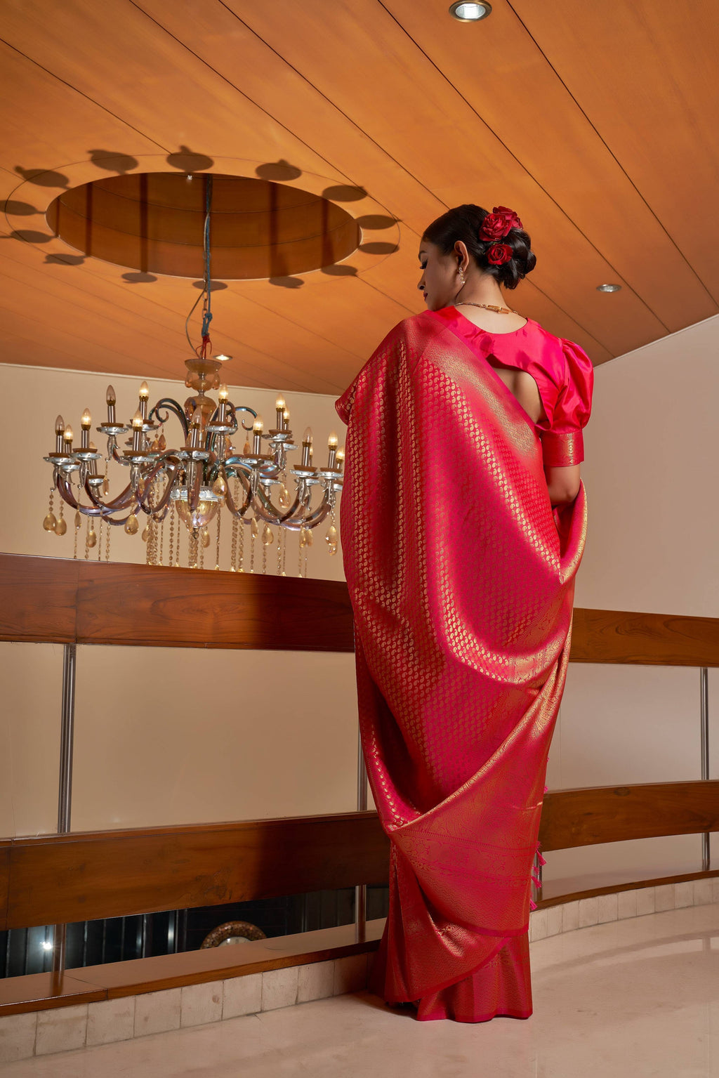 Vardha Scarlet Pink Golden Zari Kanjeevaram Silk Saree | Grocsy