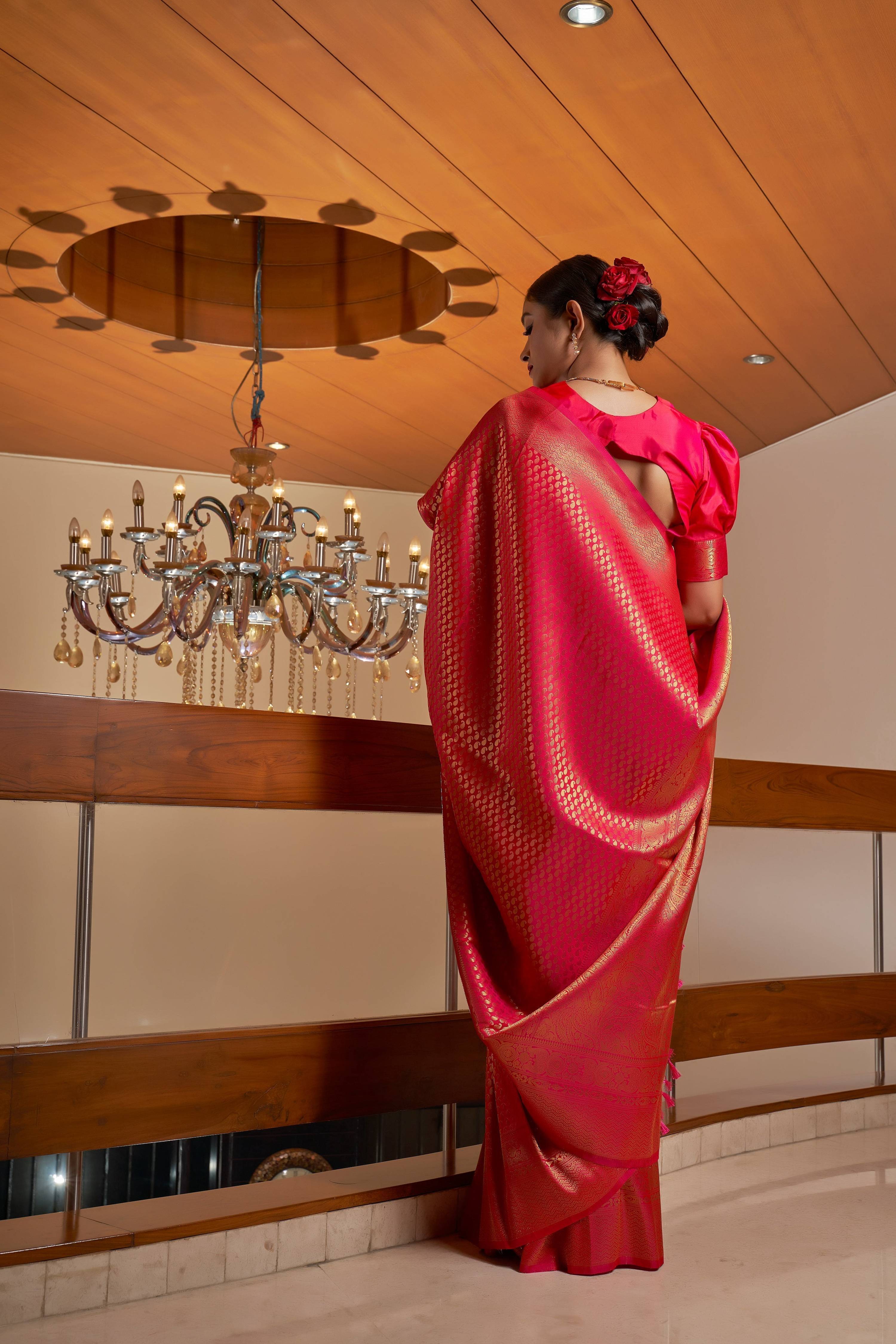 Vardha Scarlet Pink Golden Zari Kanjeevaram Silk Saree | Grocsy