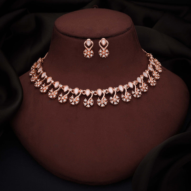 Tehzeeb Creations Rose Gold-Polished White Choker Necklace With Dangle Earrings | Grocsy