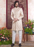 Raivat Ethnic Banarasi Jacquard Embroidery Indo Western Sherwani In Beige Colour | Grocsy