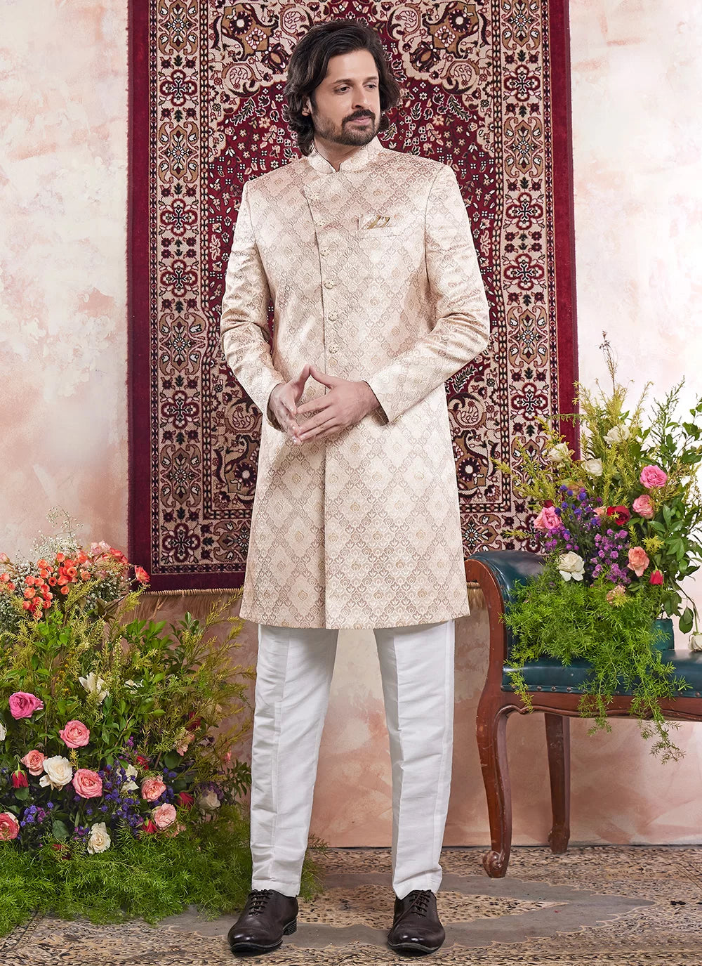 Raivat Ethnic Banarasi Jacquard Embroidery Indo Western Sherwani In Beige Colour | Grocsy