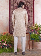 Raivat Ethnic Banarasi Jacquard Embroidery Indo Western Sherwani In Beige Colour | Grocsy